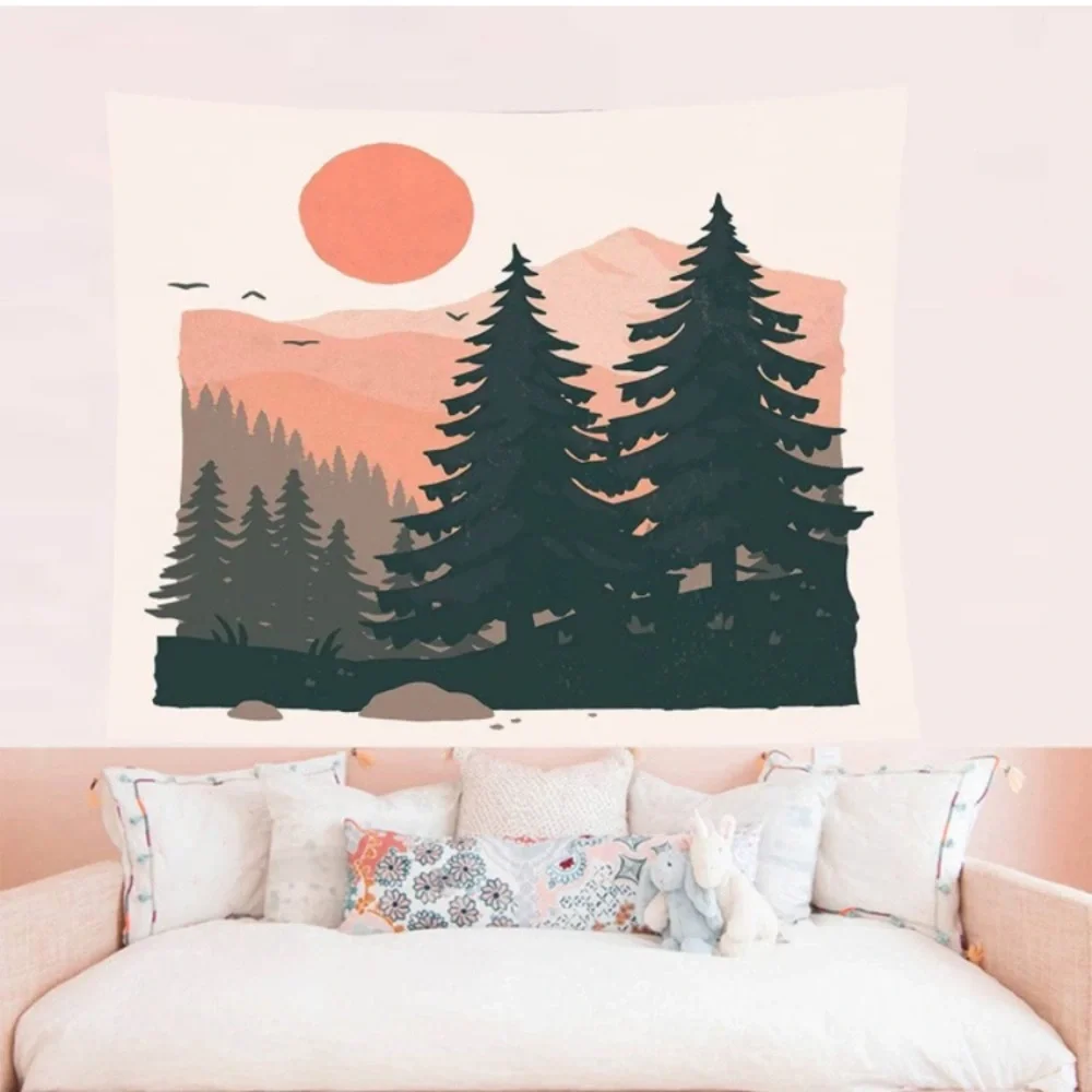 California Mountain Range Pink/Green Forest Retro Pop Art Home Decor Tapestry